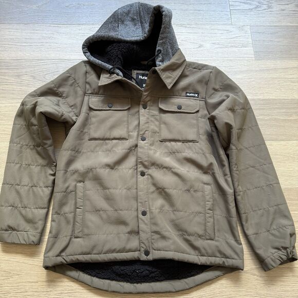 Hurley Jacket Men Medium Ostromi Rainwear Sherpa Lined Hooded Pockets Snap Close - Picture 1 of 12